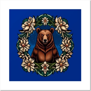 A Brown Bear Surrounded By Bitterroot Montana State Tattoo Art Posters and Art